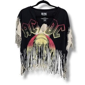 AC/DC Goodie Two Sleeves Fringe Bleached Crop Top Black Size 1XL Boho Acid